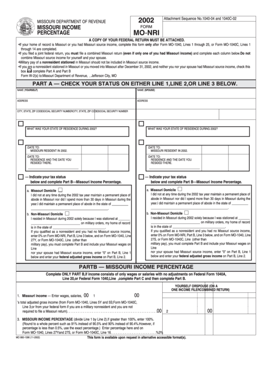 Form Mo-Nri - Missouri Income Percentage - 2002 Printable pdf