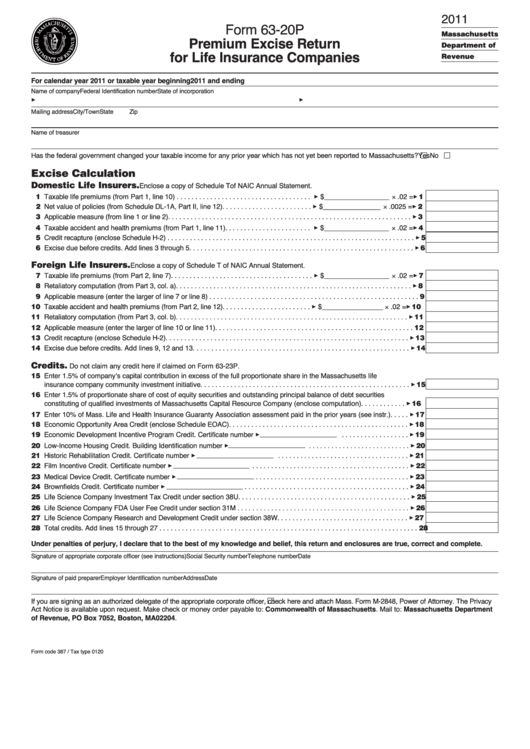 Form 63-20p - Premium Excise Return For Life Insurance Companies - 2011 Printable pdf