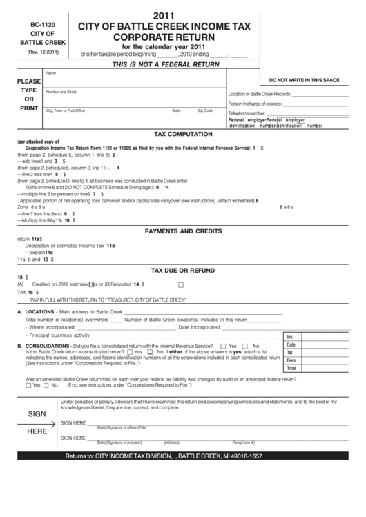 Form Bc-1120 - Income Tax Corporate Return - City Of Battle Creek - 2011 Printable pdf