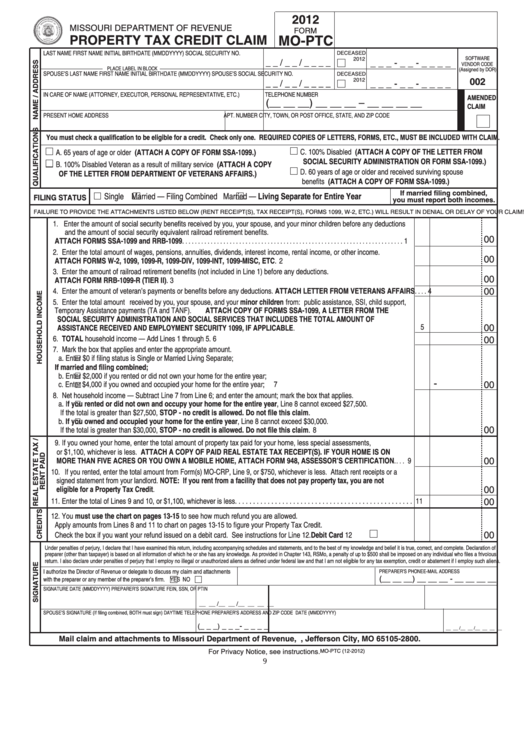 Form Mo-Ptc - Property Tax Credit Claim - 2012 Printable pdf