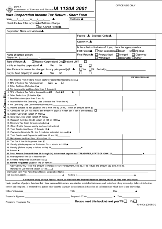 Form Ia 1120a - Iowa Corporation Income Tax Return - Short Form - 2001 ...