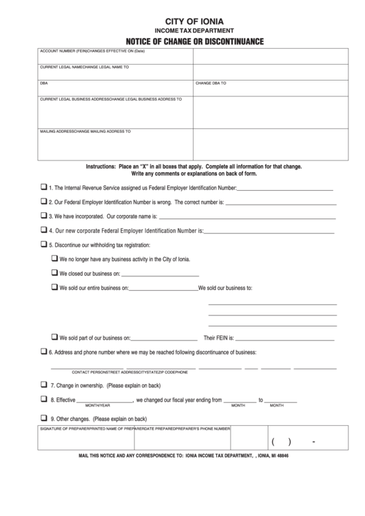 Notice Of Change Or Discontinuance Form - City Of Ionia Printable pdf