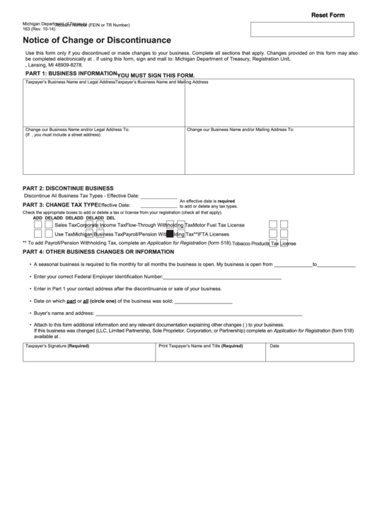 Fillable Form 163 - Notice Of Change Or Discontinuance Printable pdf