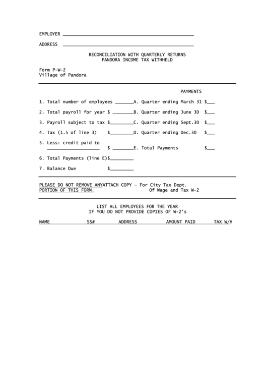 Form P-W-2 - Reconciliation With Quarterly Returns Pandora Income Tax Withheld Printable pdf