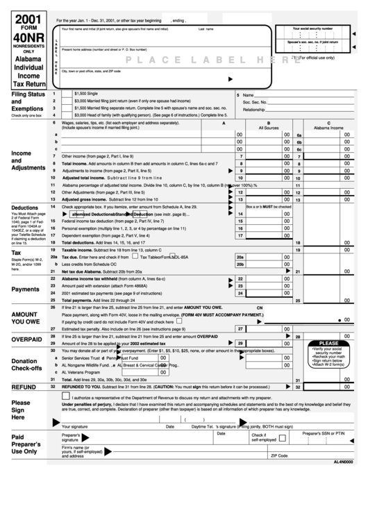 Form 40nr - Alabama Individual Income Tax Return - 2001 Printable pdf