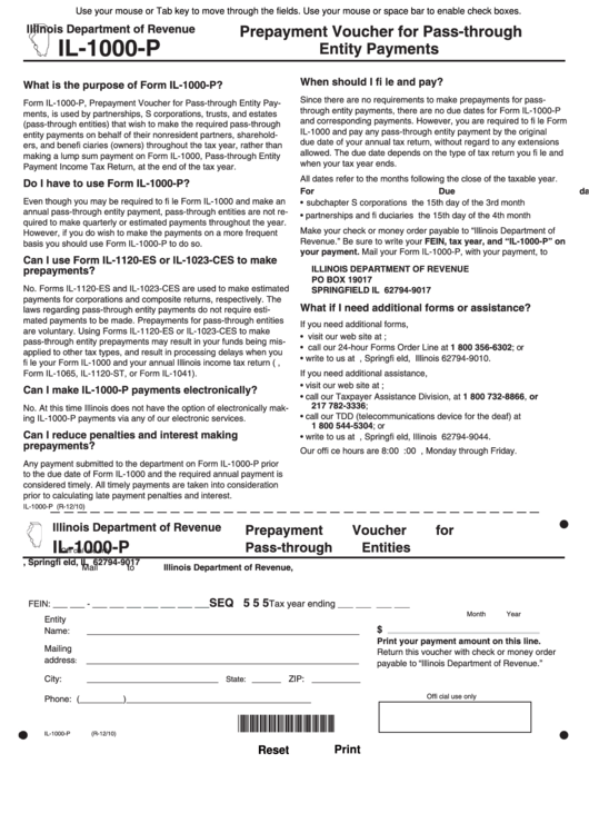 Fillable Form Il-1000-P - Prepayment Voucher For Pass-Through Entity Payments Printable pdf