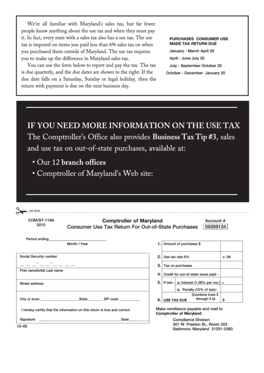 Fillable Form Com/st-118a - Consumer Use Tax Return For Out-Of-State Purchases - 2010 Printable pdf