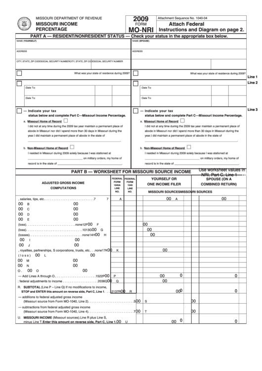 Fillable Form Mo-Nri - Missouri Income Percentage - 2009 Printable pdf