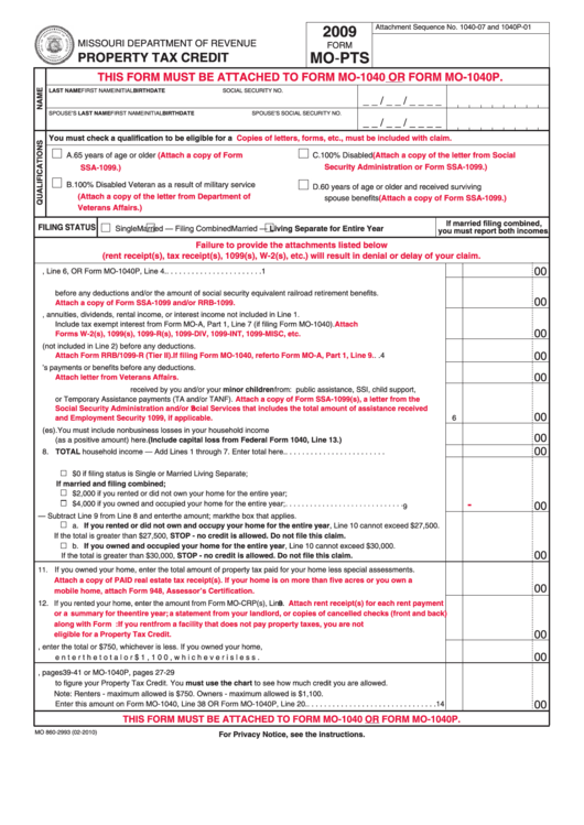 Form Mo-Pts - Property Tax Credit - 2009 Printable pdf