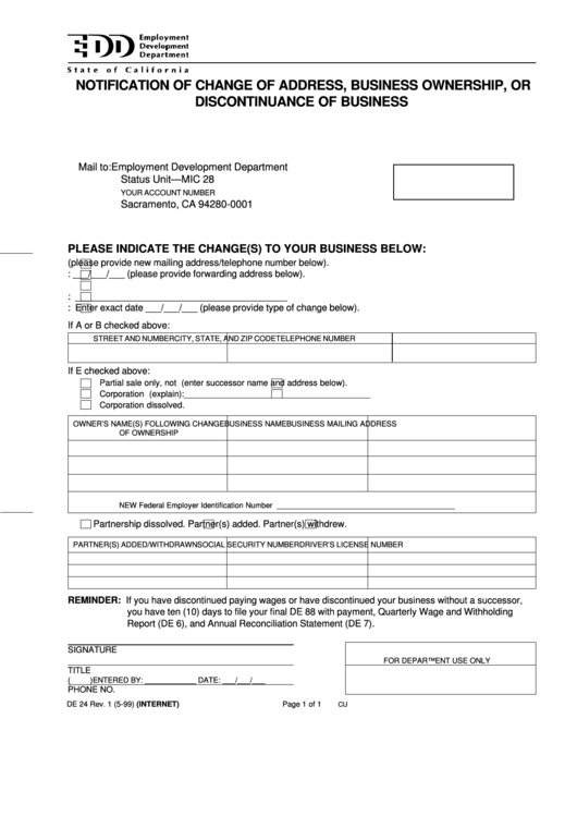 Notification Of Change Of Address, Business Ownership, Or Discontinuance Of Business Form - California Employment Development Department Printable pdf