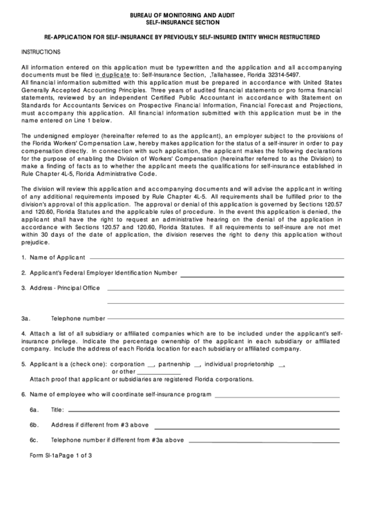 Form Si-1a - Re-Application For Self-Insurance By Previously Self-Insured Entity Which Restructered Printable pdf
