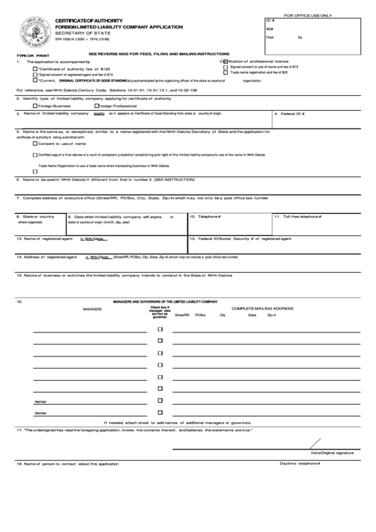 Form Sfn 19381a - Certificate Of Authority Foreign Limited Liability Company Application Form - North Dakota Secretary Of State Printable pdf