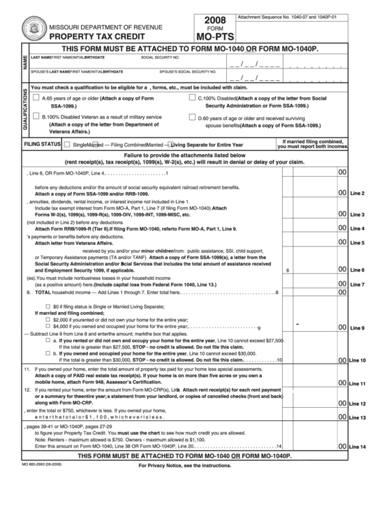 Fillable Form Mo-Pts - Property Tax Credit - 2008 Printable pdf