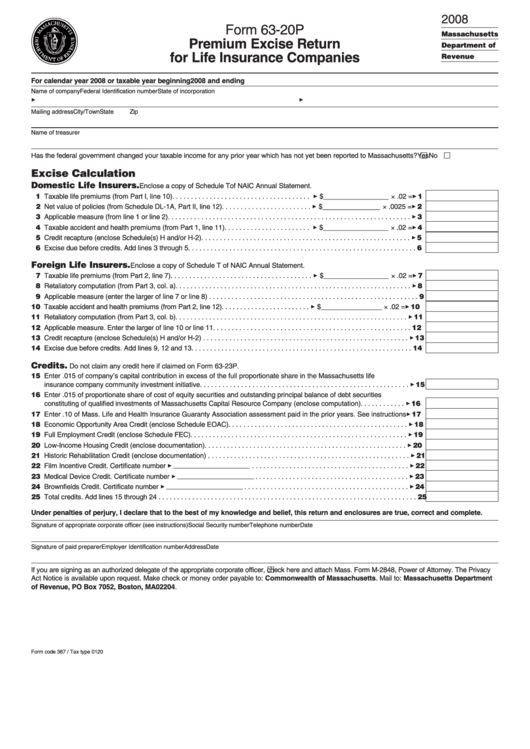 Form 63-20p - Premium Excise Return For Life Insurance Companies - 2008 Printable pdf