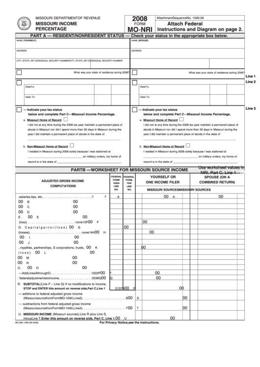 Fillable Form Mo-Nri - Missouri Income Percentage - 2008 Printable pdf