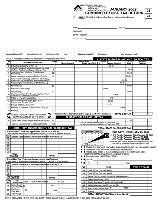 Combined Excise Tax Return Form - January 2002 Printable pdf