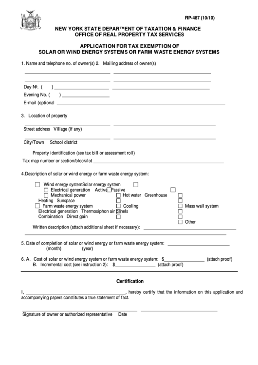 Form Rp-487 - Application For Tax Exemption Of Solar Or Wind Energy Systems Or Farm Waste Energy Systems Printable pdf