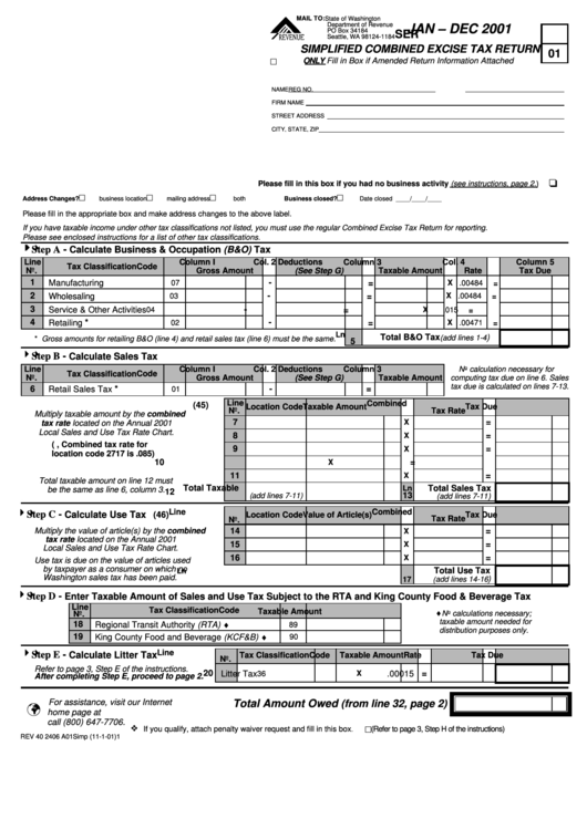 Simplified Combined Excise Tax Return Form - Washington Department Of Revenue - 2001 Printable pdf