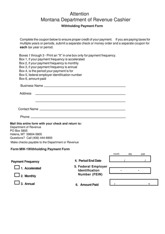 Form Mw-1 - Withholding Payment Form Printable pdf