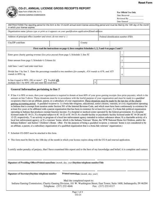 Fillable Form Cg-21 - Annual License Gross Receipts Report Printable pdf