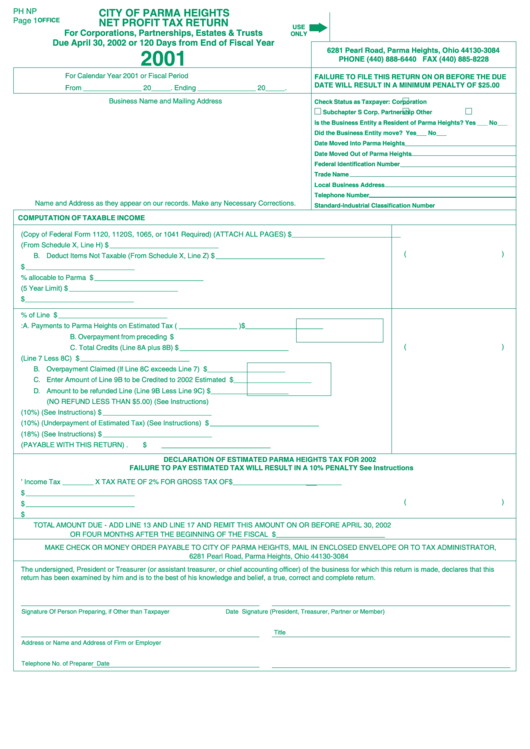 Form Ph Np - Net Profit Tax Return - City Of Parma Heights - 2001 Printable pdf