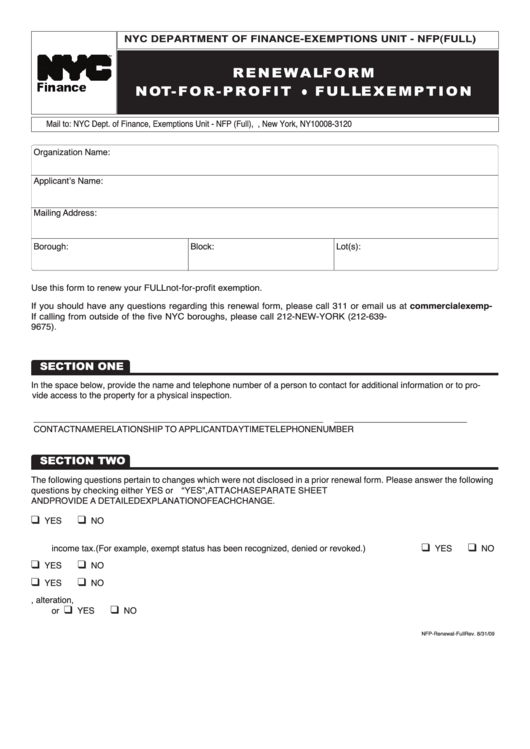 Renewal Form Not-For-Profit Or Full Exemption Printable pdf