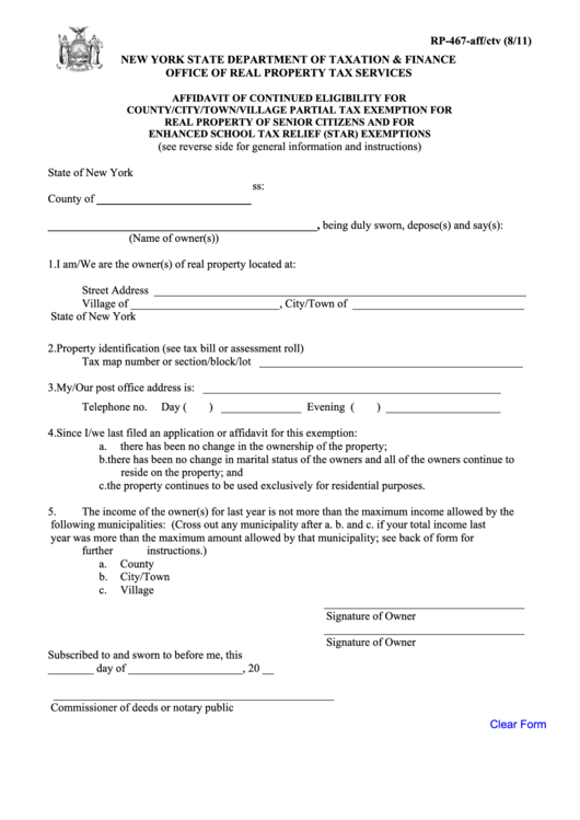 Fillable Form Rp-467-Aff/ctv - Affidavit Of Continued Eligibility For County/city/town/village Partial Tax Exemption Printable pdf