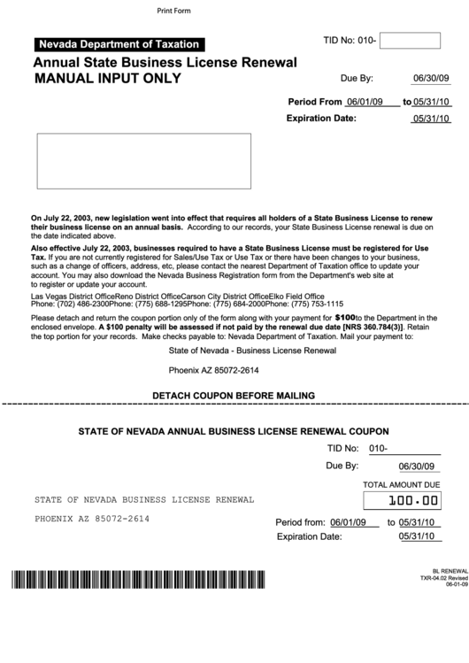 Fillable Form Bl Renewal Txr-04 02-Annual State Business License Renewal-Manual Input Only Printable pdf