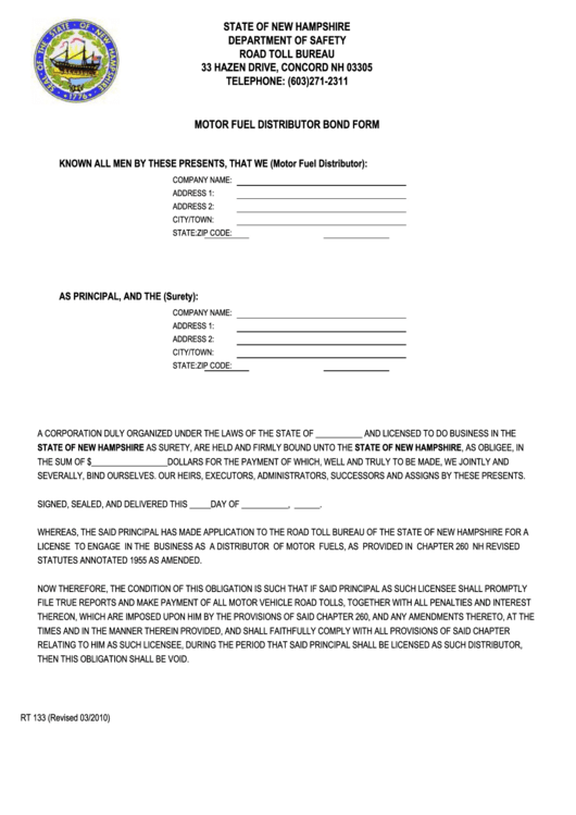 Form Rt 133 - Motor Fuel Distributor Bond Printable pdf