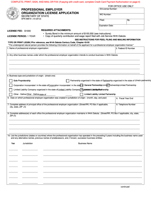 Fillable Form Sfn 58619-Peo License Application.xfm Printable pdf
