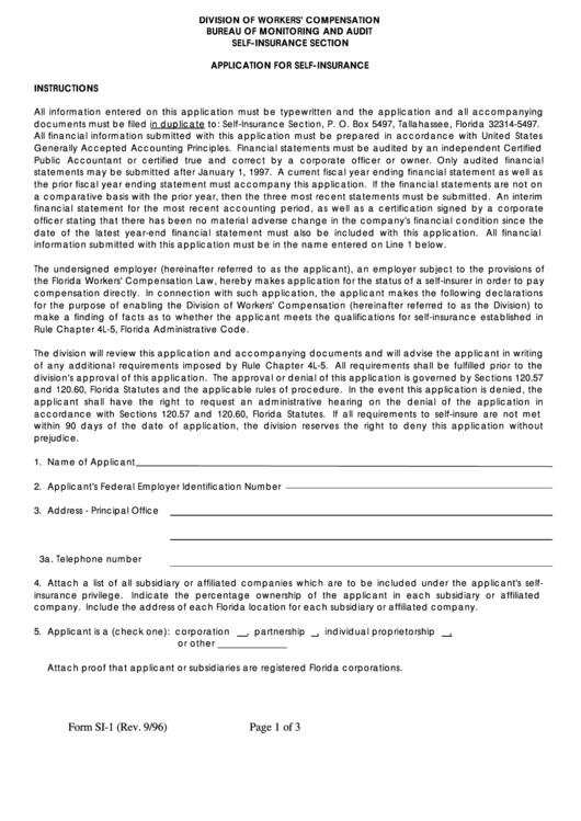Form Si-1 - Application For Self-Insurance Printable pdf