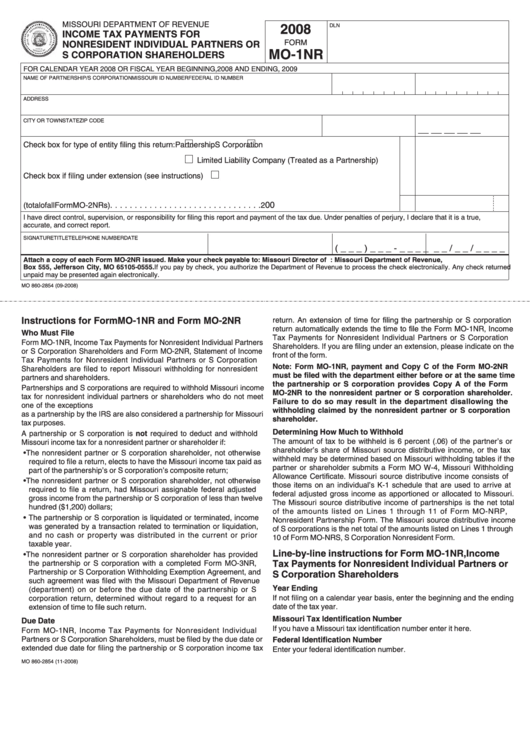 Fillable Form Mo-1nr - Income Tax Payments For Nonresident Individual Partners Or S Corporation Shareholders - 2008 Printable pdf