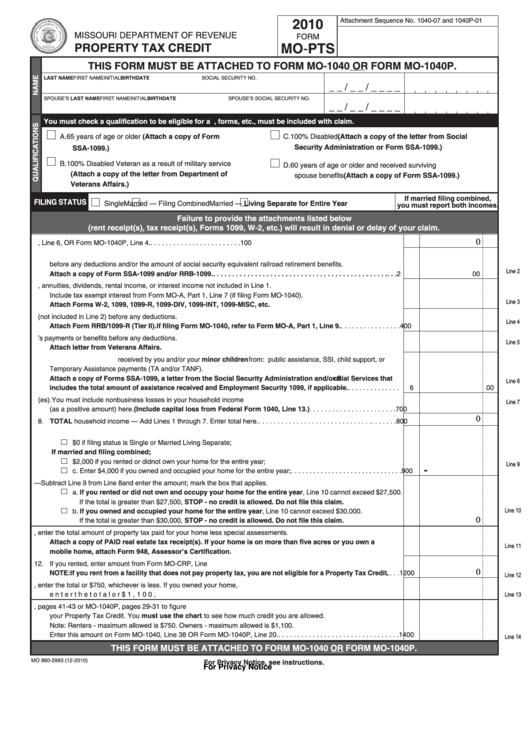 Fillable Form Mo-Pts - Property Tax Credit - 2010 Printable pdf