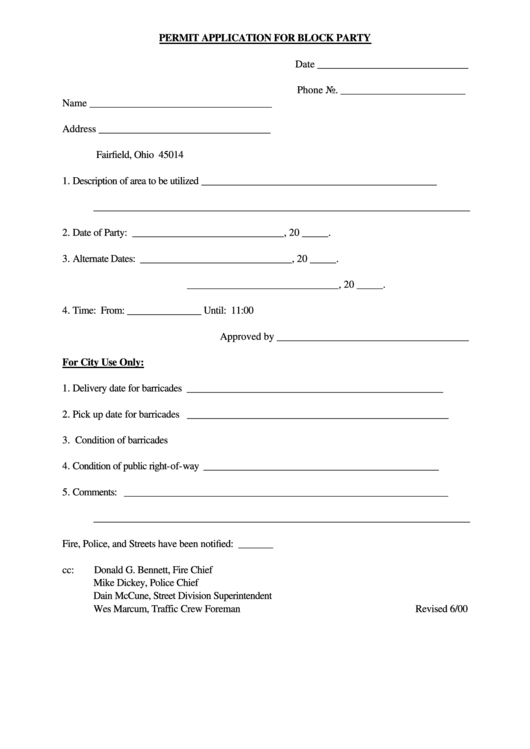 Permit Application For Block Party Form Printable pdf
