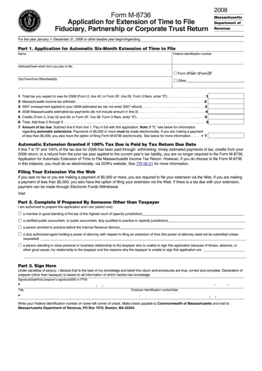 Form M-8736 - Application For Extension Of Time To File Fiduciary, Partnership Or Corporate Trust Return - 2008 Printable pdf