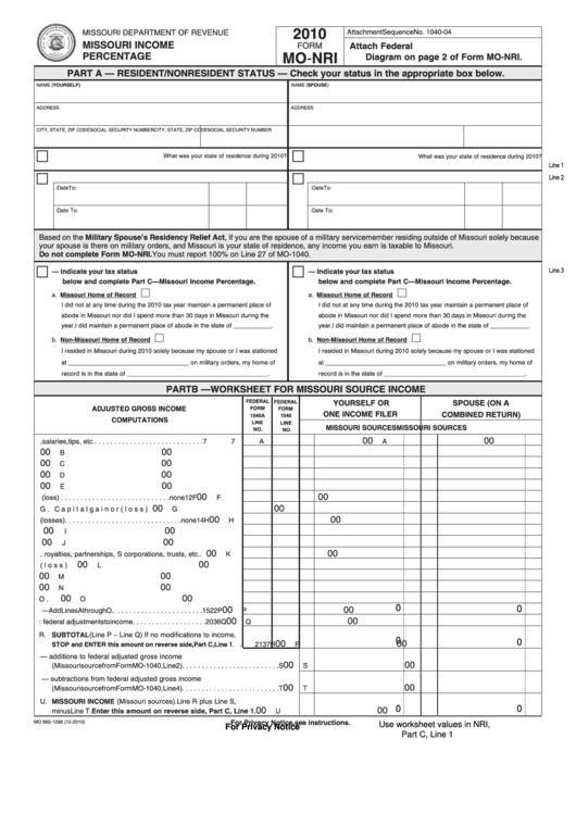 Fillable Form Mo-Nri - Missouri Income Percentage - 2010 Printable pdf