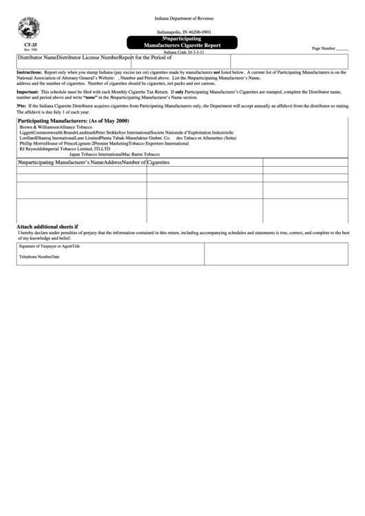 Form Ct-25 - Nonparticipating Manufacturers Cigarette Report - Indiana Department Of Revenue Printable pdf