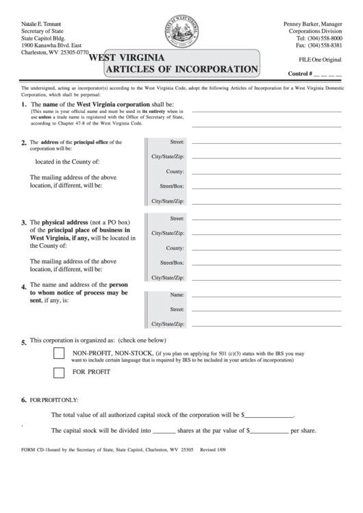 Fillable Form Cd-1 - West Virginia Articles Of Incorporation Printable pdf