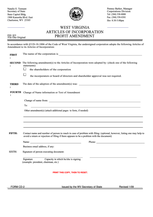 Fillable Form Cd-2 - Articles Of Incorporation Profit Amendment Printable pdf