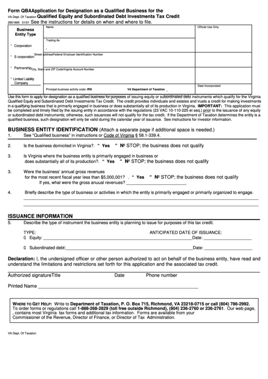 Form Qba - Application For Designation As A Qualified Business For The Qualified Equity And Subordinated Debt Investments Tax Credit - Virginia Department Of Taxation Printable pdf