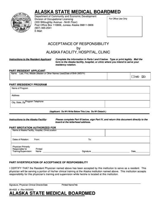 Form Med - Acceptance Of Responsibility By Alaska Facility, Hospital, Clinic - Alaska Department Of Community And Economic Development Printable pdf