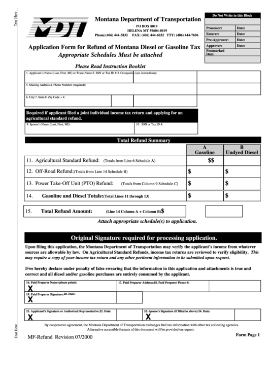 Application Form For Refund Of Montana Diesel Or Gasoline Tax Form - Montana Department Of Transportation Printable pdf