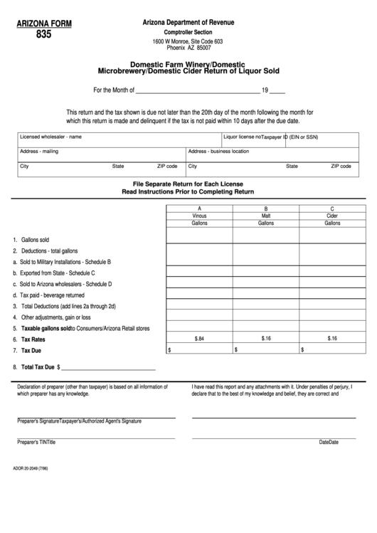 Fillable Arizona Form 835 - Domestic Farm Winery/domestic Microbrewery/domestic Cider Return Of Liquor Sold Printable pdf