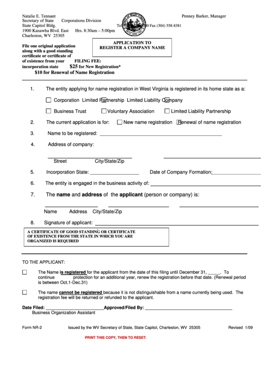 Fillable Form Nr-2 - Application To Register A Company Name Printable pdf