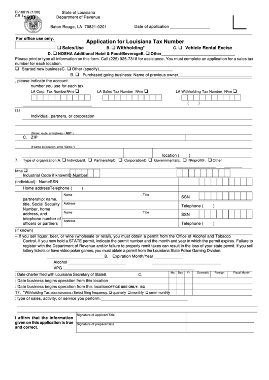 Form R-16019 Cr 1 - Application For Louisiana Tax Number Printable pdf