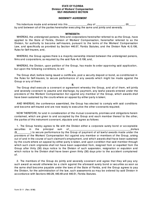 Form Si-11 - Indemnity Agreement Printable pdf