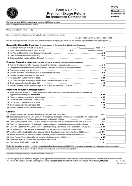 Form 63-23p - Premium Excise Return For Insurance Companies - 2005 Printable pdf