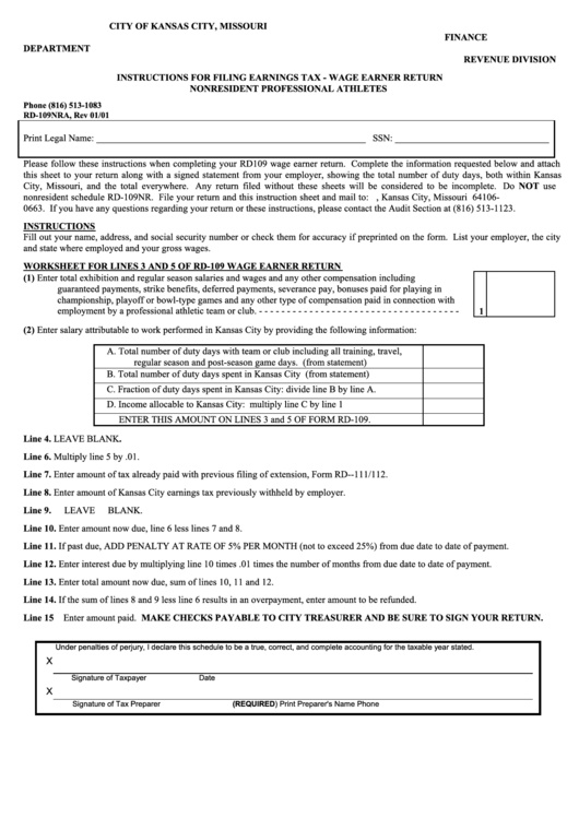 Form Rd-109nra-Instructions For Filing Earnings Tax - Wage Earner Return Nonresident Professional Athletes Printable pdf