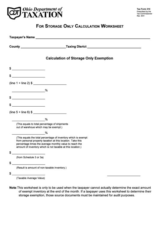 Form 310-For Storage Omly Calculation Worksheet Printable pdf