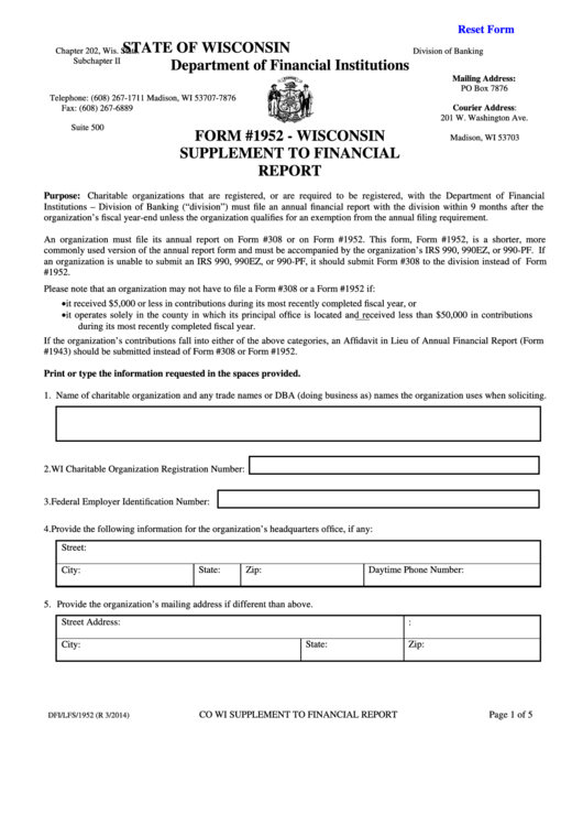 Fillable Form 1952 - Supplement To Financial Report Printable pdf